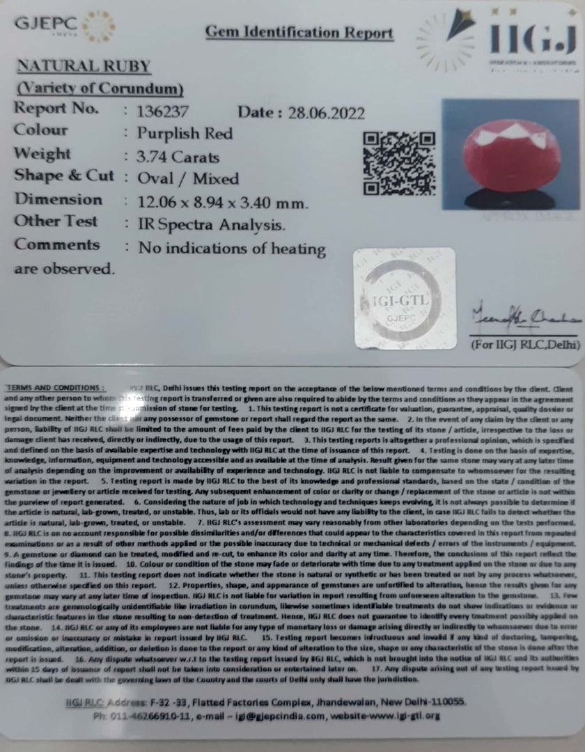 3.74/CT Natural Mozambique Ruby with Govt. Lab Certificate-12210