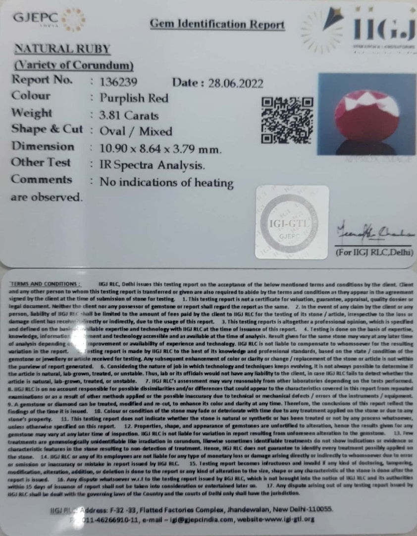 3.81/CT Natural Mozambique Ruby with Govt. Lab Certificate-7881