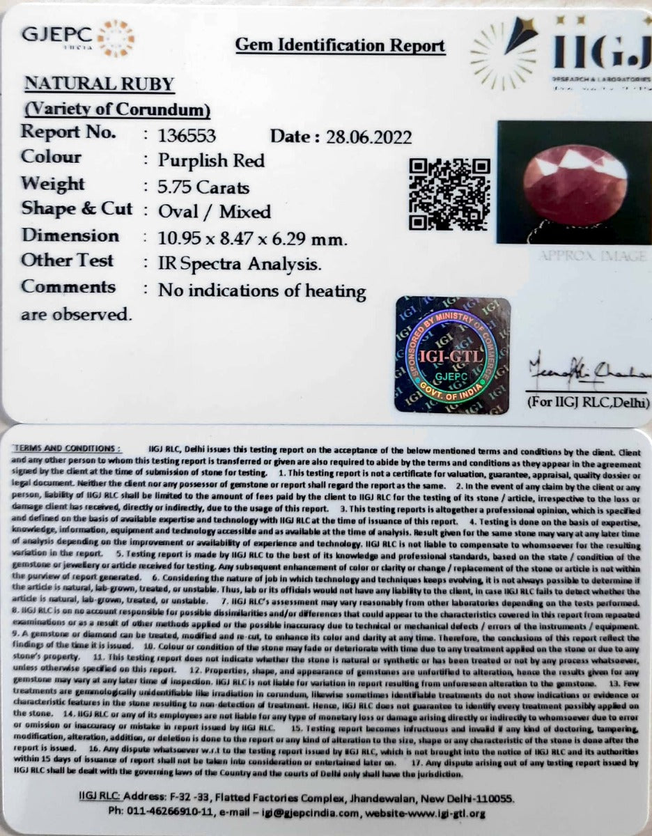 5.75/CT Natural Neo Burma Ruby with Govt. Lab Certificate