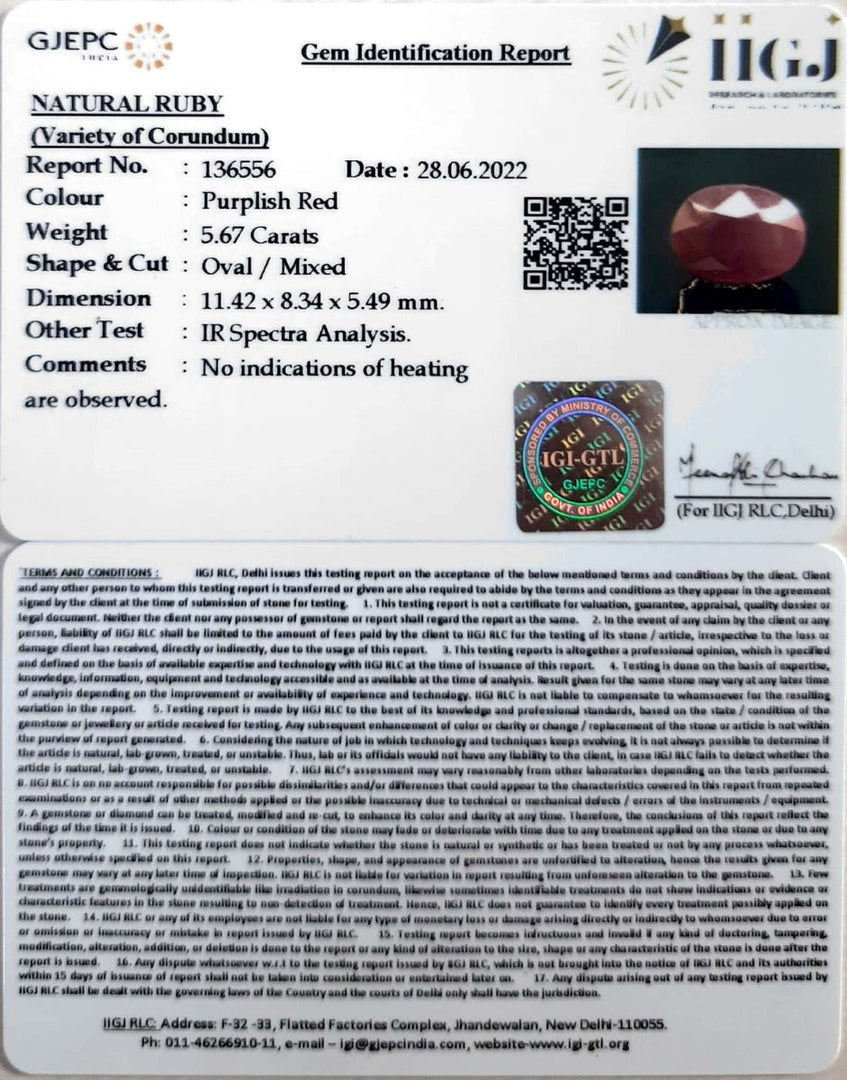 5.67/CT Natural Neo Burma Ruby with Govt. Lab Certificate-5661
