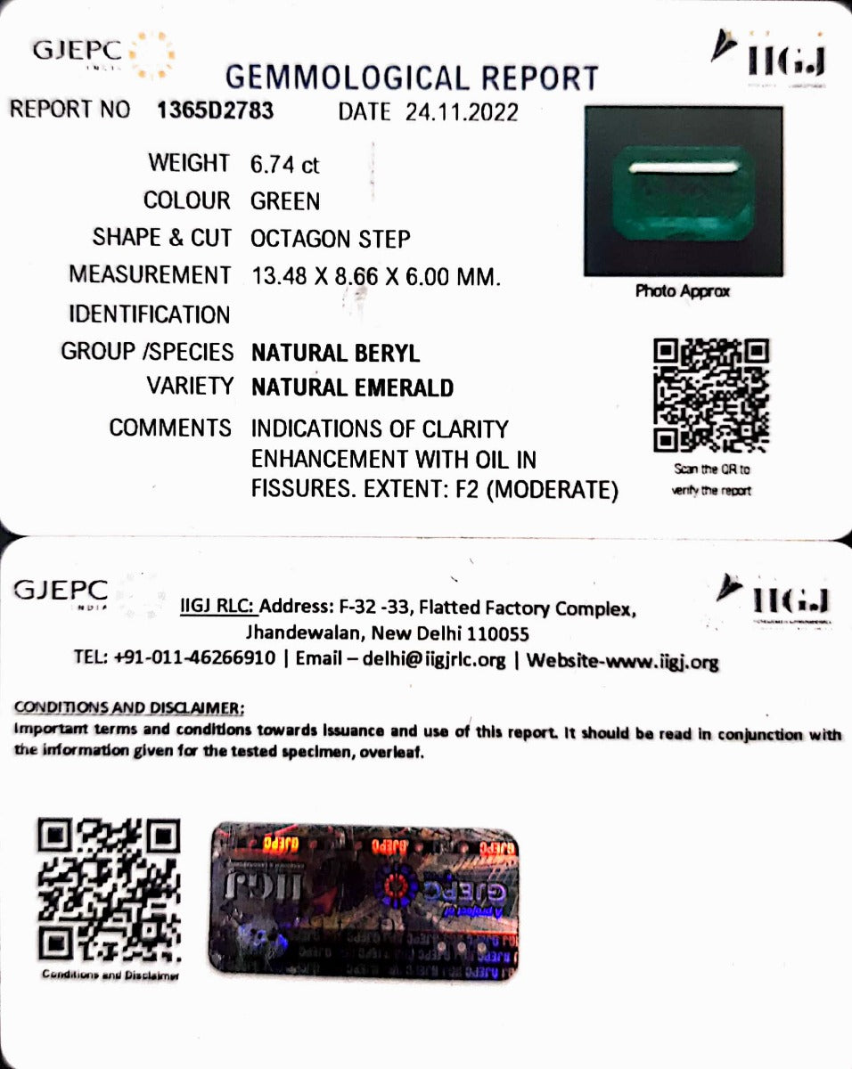 6.74/CT Natural Panna Stone with Govt. Lab Certificate (45510)