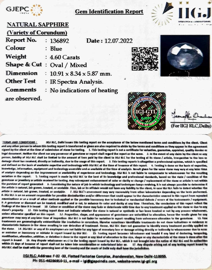 4.60 Carat Natural Ceylonese Neelam with Govt Lab Certified-6771
