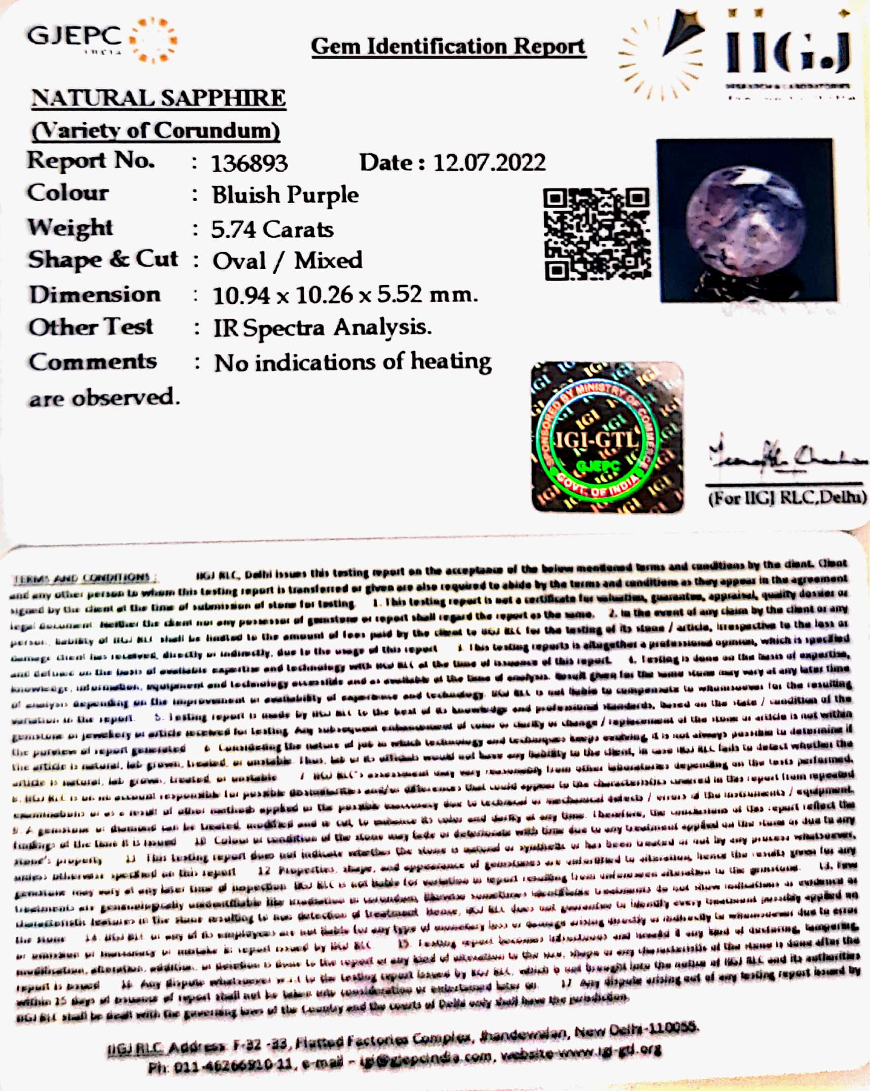 5.74/CT Natural Purple Sapphire with Govt Lab Certificate-136893
