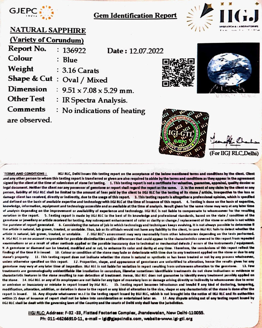 3.16/CT Natural Ceylonese Neelam with Govt Lab Certificate-BLUSA9T