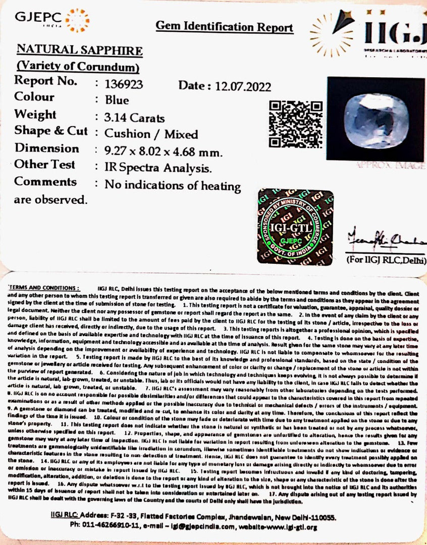 3.14/CT Natural Ceylonese Neelam with Govt Lab Certified-BLUSA9T