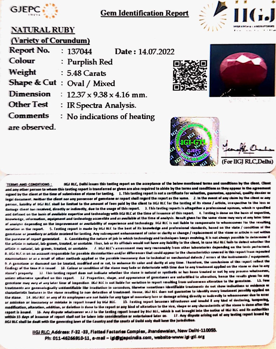 5.48/CT Natural Indian Ruby with Govt. Lab Certificate-2331