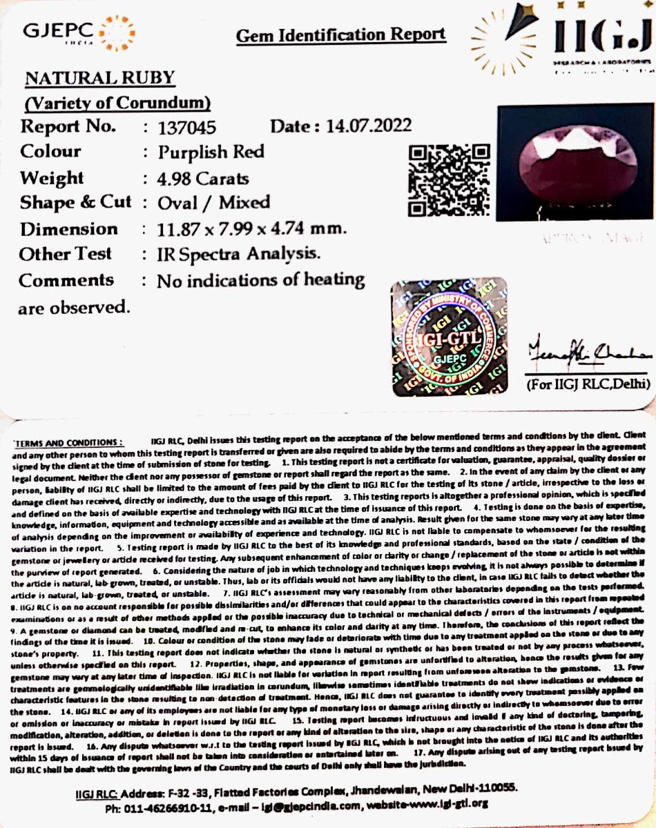 4.98/CT Natural New Burma Ruby with Govt. Lab Certificate-137045