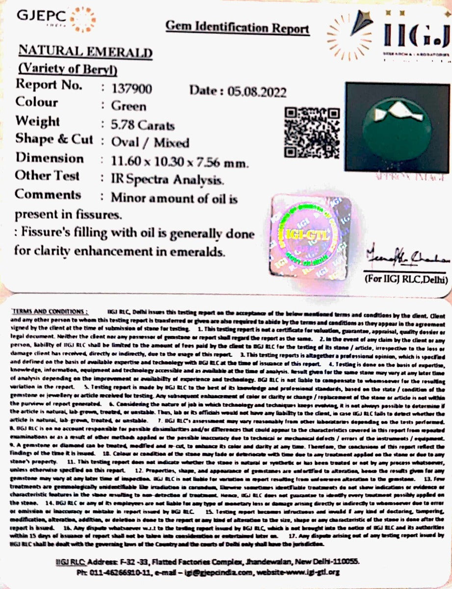 5.78/CT Natural Panna Stone with Govt. Lab Certified-3441
