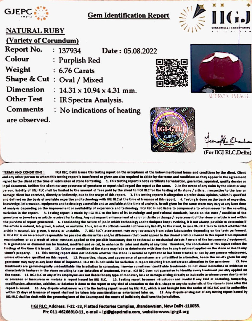 6.76/CT Natural Mozambique Ruby with Govt. Lab Certificate-7881