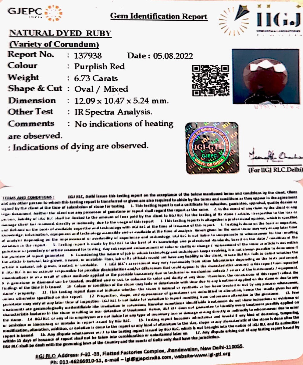 7.47 Ratti Natural Indian Ruby with Govt. Lab Certificate