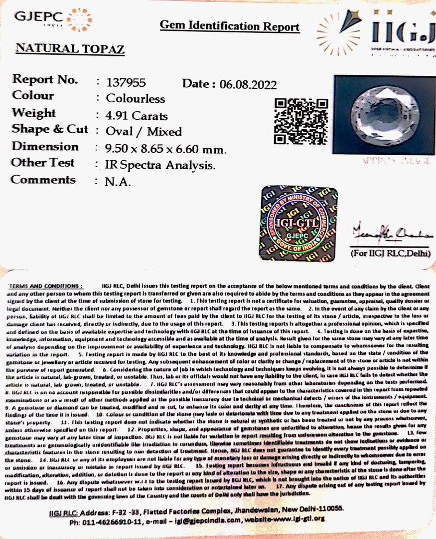 5.45 Ratti Natural White Topaz with Govt Lab Certificate (1665)