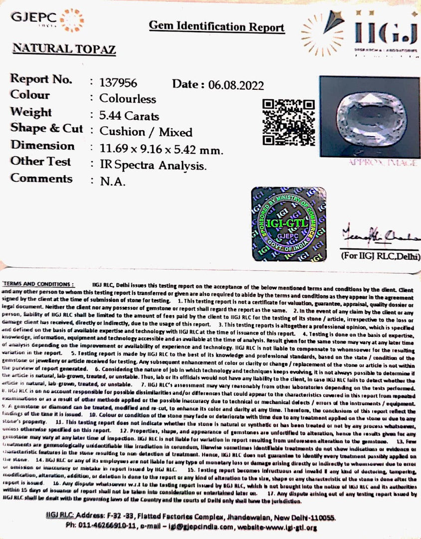 6.03 Ratti Natural White Topaz with Govt Lab Certificate (1665)