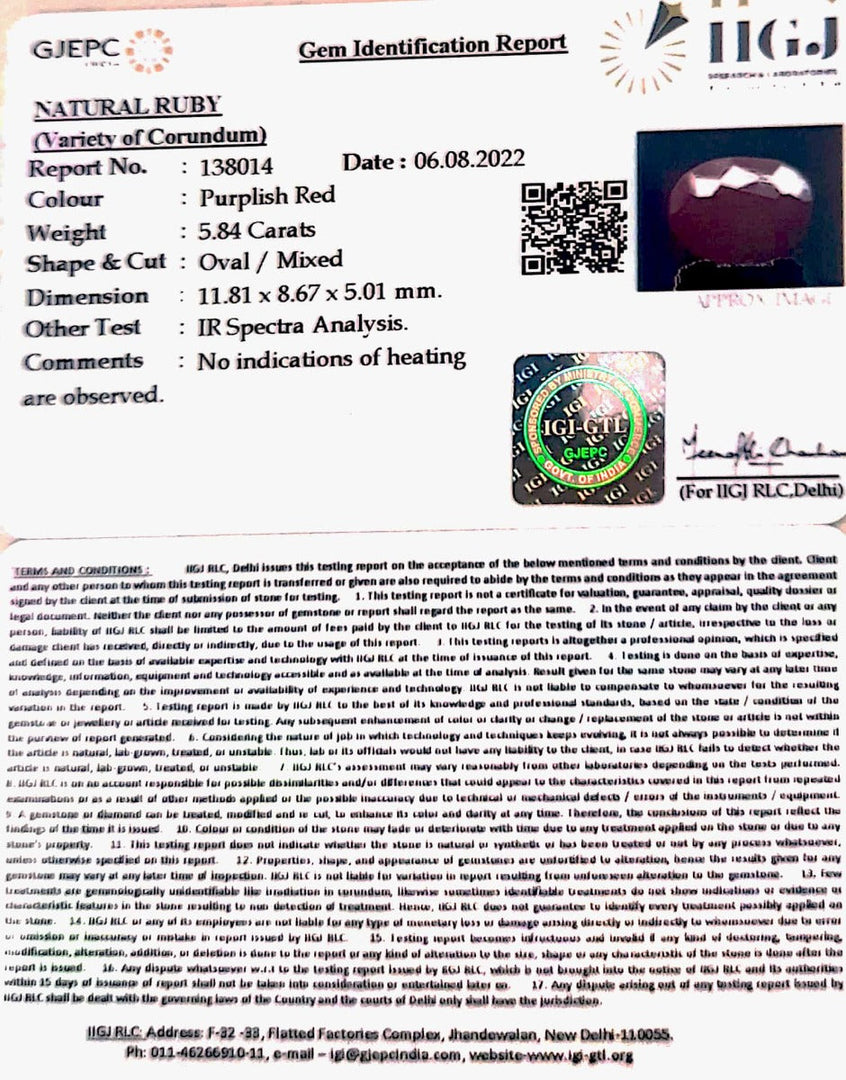 6.48 Ratti Natural new burma Ruby with Govt. Lab Certificate-(2331)