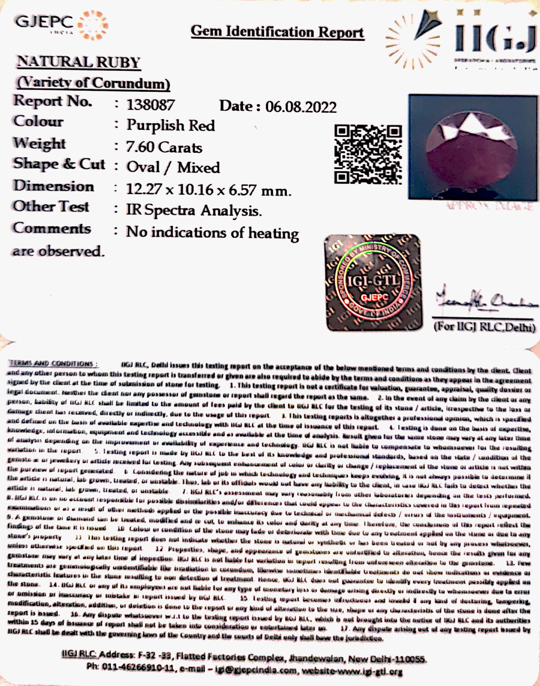 7.60/CT Natural Ruby with Govt. Lab Certificate (7881)
