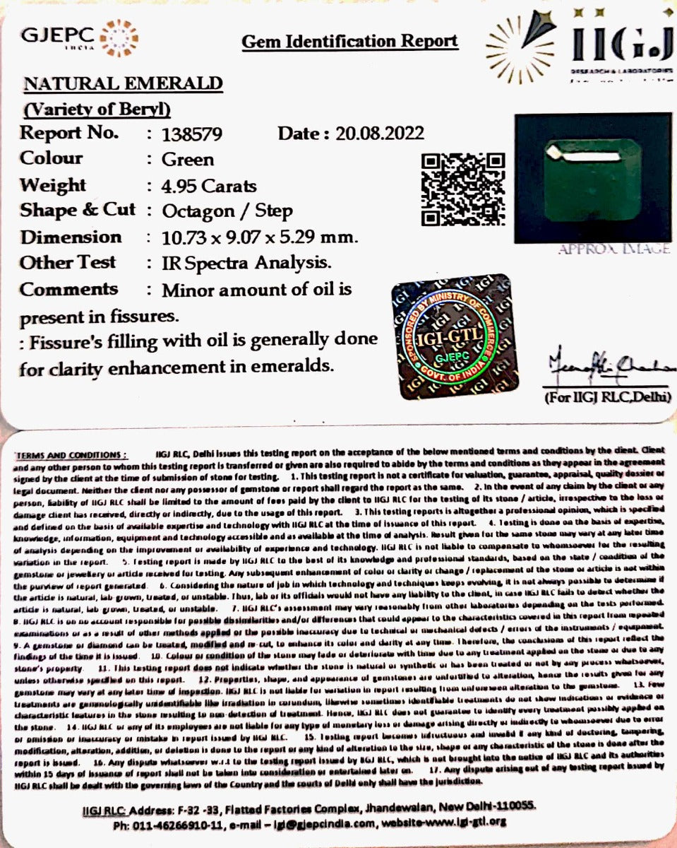 4.95/CT Octagon Shape Natural Panna Stone with Govt. Lab Certified-(2331)