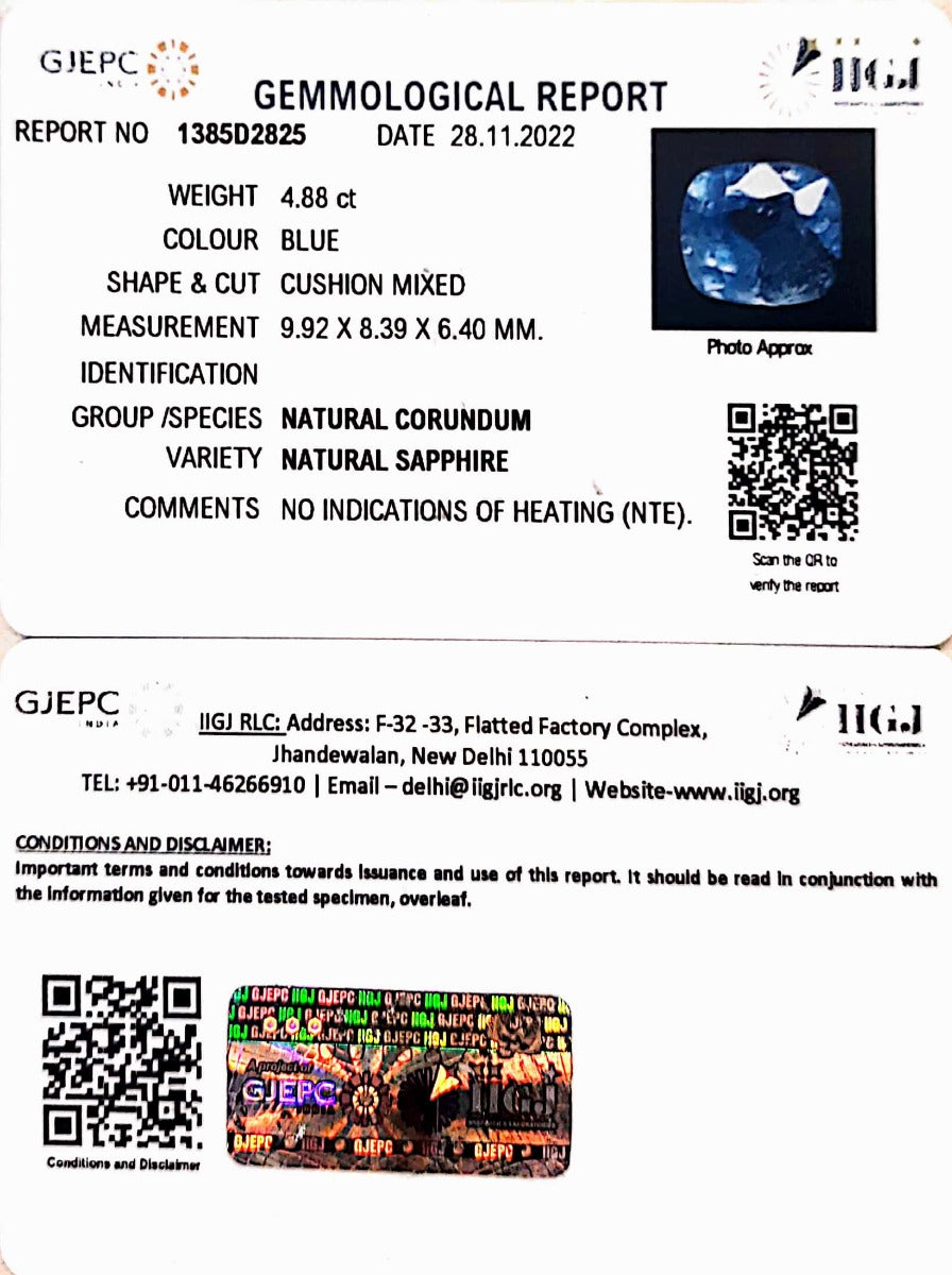 4.88/CT Natural Blue Sapphire with Govt Lab Certificate-BLUSA9U