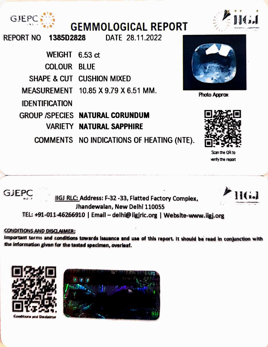 6.53/CT Natural Blue Sapphire with Govt Lab Certificate-BLUSA9T