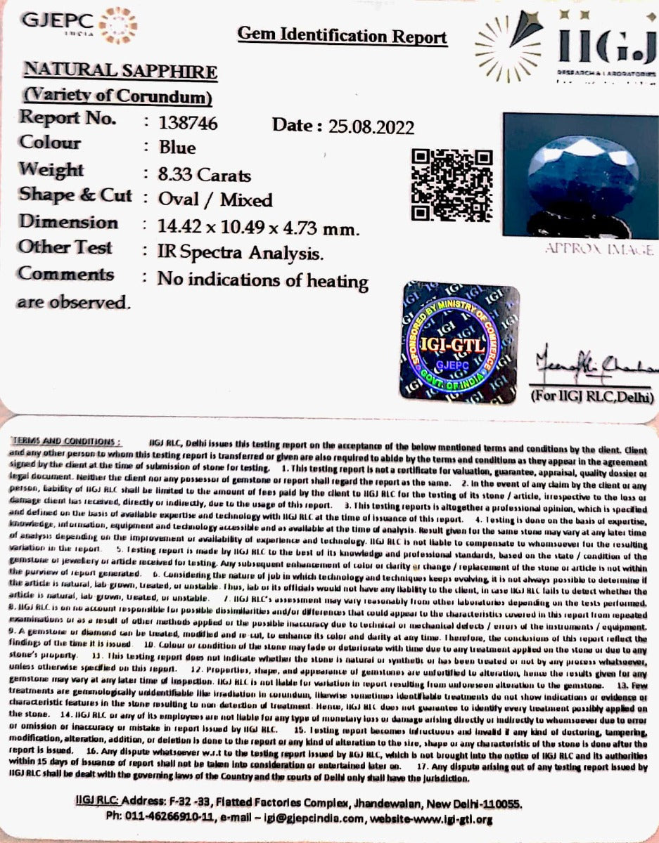 8.33/CT Natural Blue Sapphire with Govt Lab Certificate-(2331)
