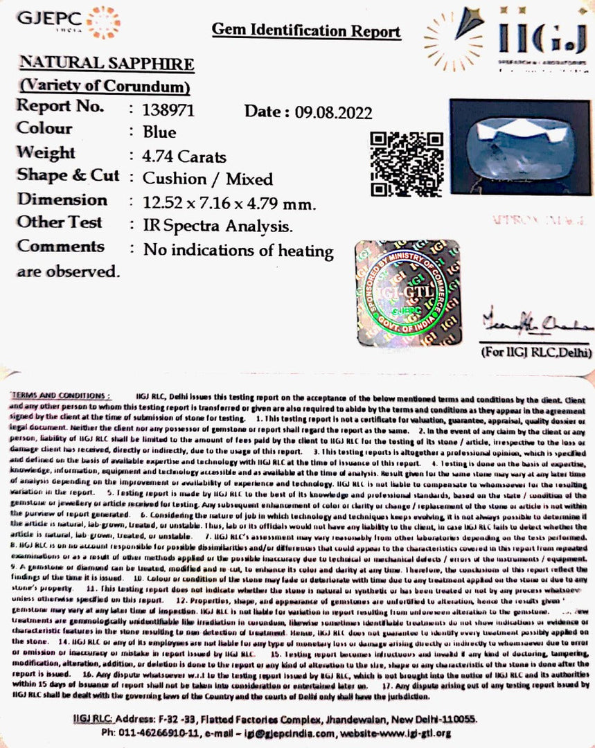 4.74/CT Natural Blue Sapphire with Govt Lab Certificate-BLUSA9T