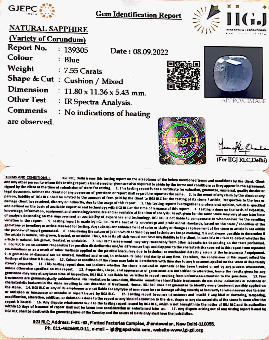 7.55/CT Natural Ceylonese Neelam with Govt Lab Certified (6771)