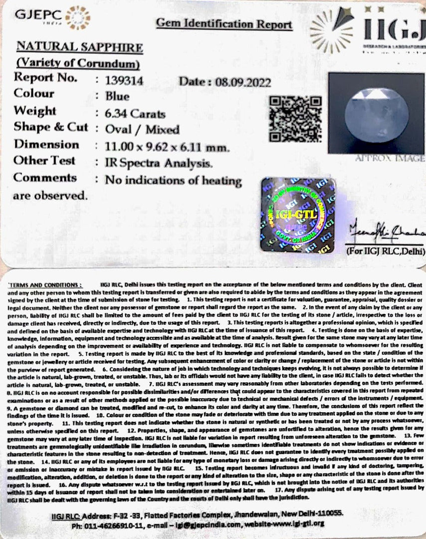 6.34/CT Natural Ceylonese Neelam with Govt Lab Certified (6771)