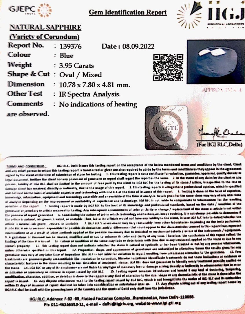 3.95/CT Natural Ceylonese Neelam with Govt Lab Certified (6771)