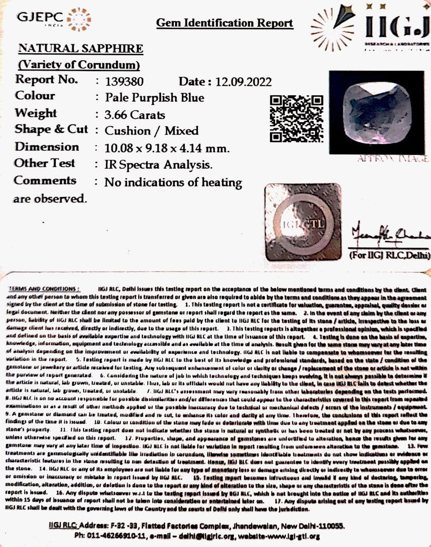 3.66/CT Natural Ceylonese Neelam with Govt Lab Certificate-BLUSA9S