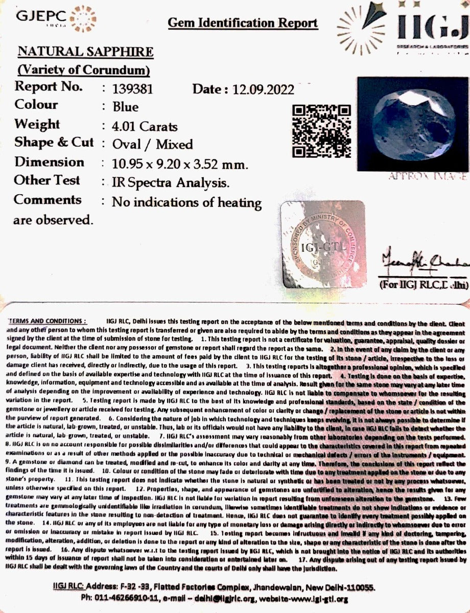 4.01/CT Natural Blue Sapphire with Govt Lab Certificate-BLUSA9S
