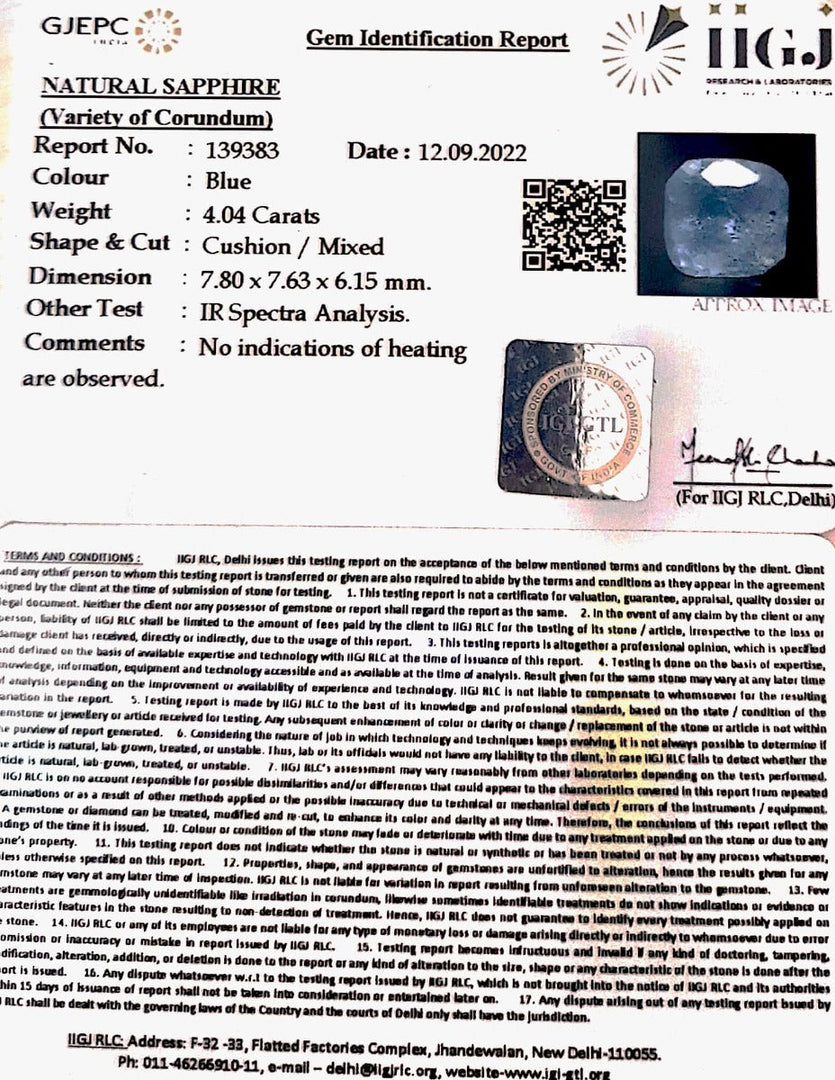 4.04/CT Natural Ceylonese Neelam with Govt Lab Certified (8991)