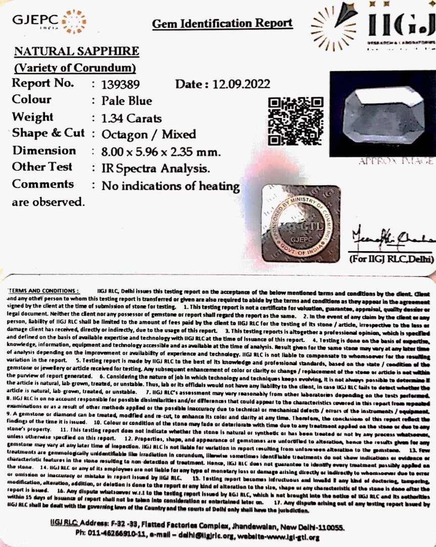 1.34/CT Natural Ceylonese Neelam with Govt Lab Certified (BLUESA9S)