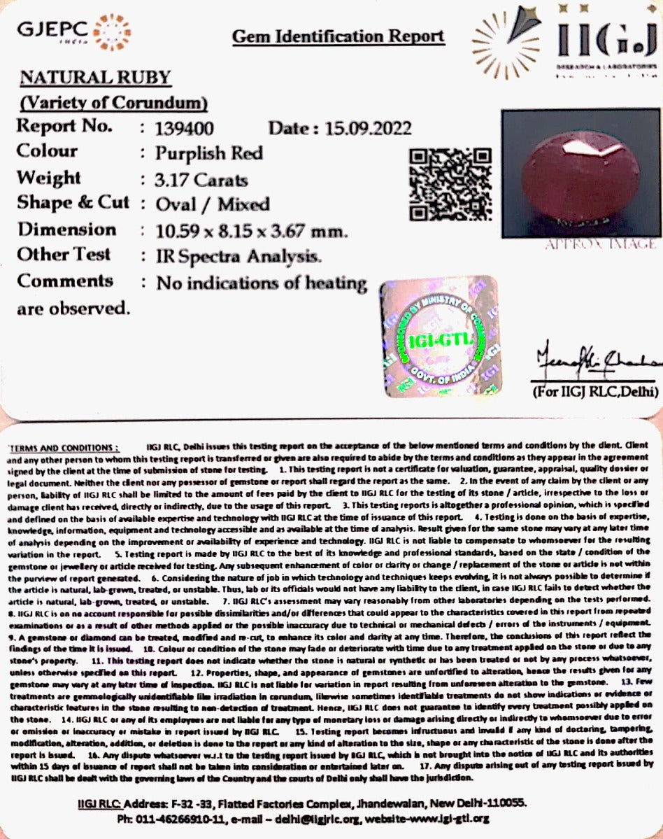 3.17/CT Oval Shape Natural Mozambique Ruby with Govt. Lab Certificate-7881