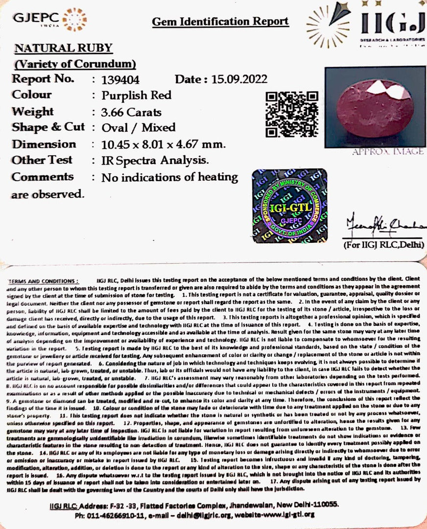 3.66/CT Natural Mozambique Ruby with Govt. Lab Certificate-(12210)