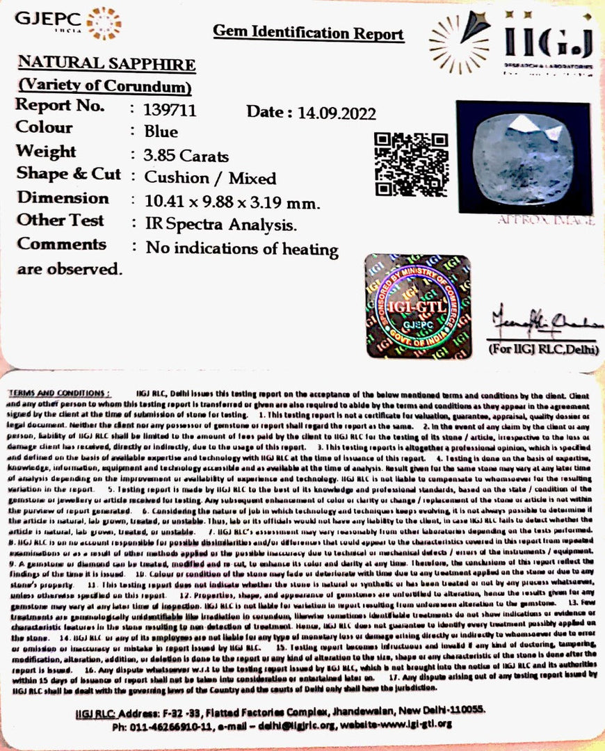 3.85/CT Natural Ceylonese Neelam with Govt Lab Certified (8991)