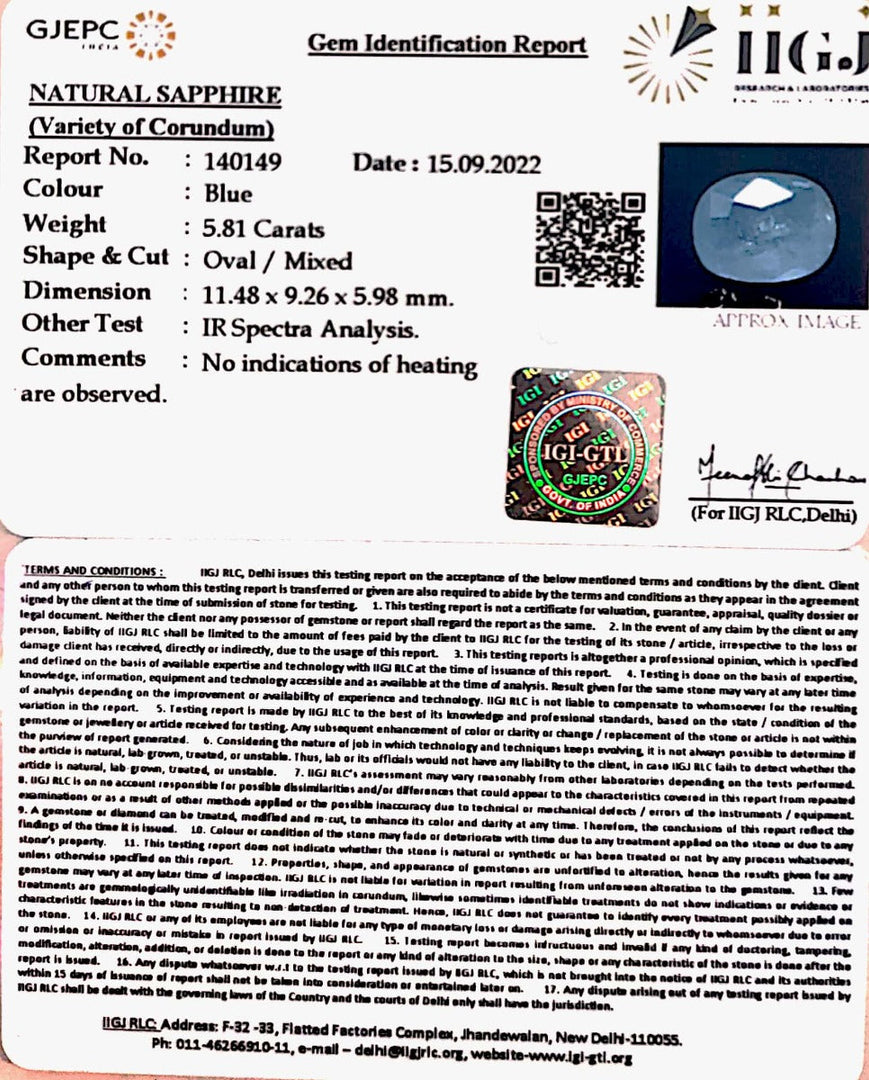 5.81/CT Natural Ceylonese Neelam with Govt Lab Certified (6771)