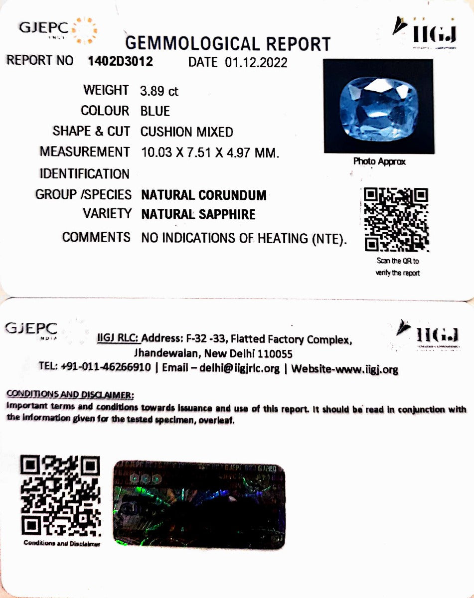 3.89/CT Natural Blue Sapphire with Govt Lab Certificate-BLUSA9U