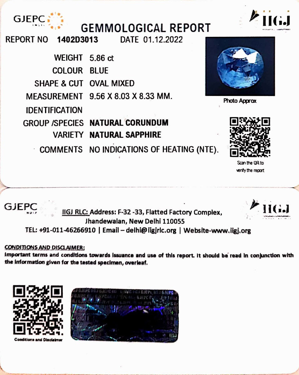 5.86/CT Natural Blue Sapphire with Govt Lab Certificate-BLUSA9V