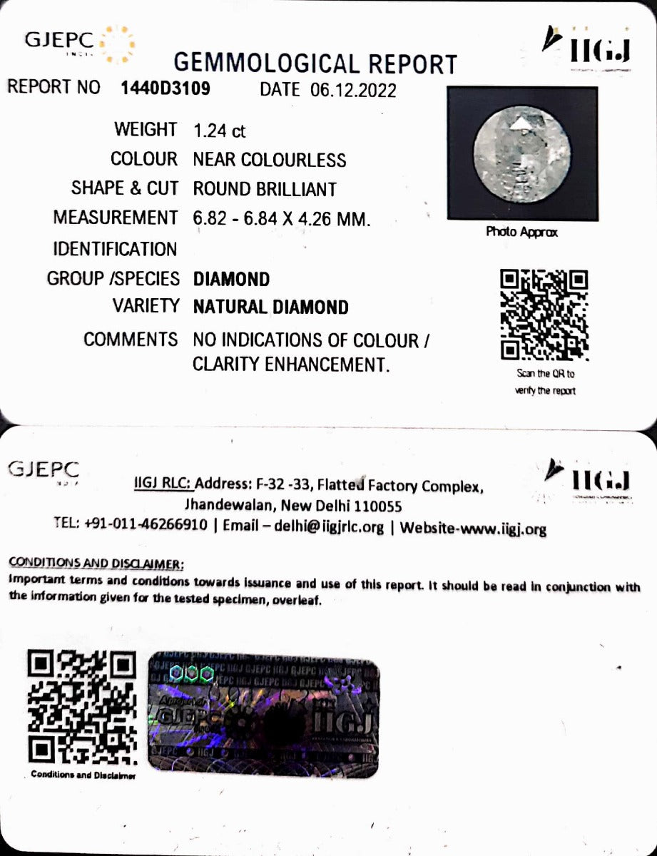 1.24/Carat Natural Diamond With Govt. Lab Certificate (130000)