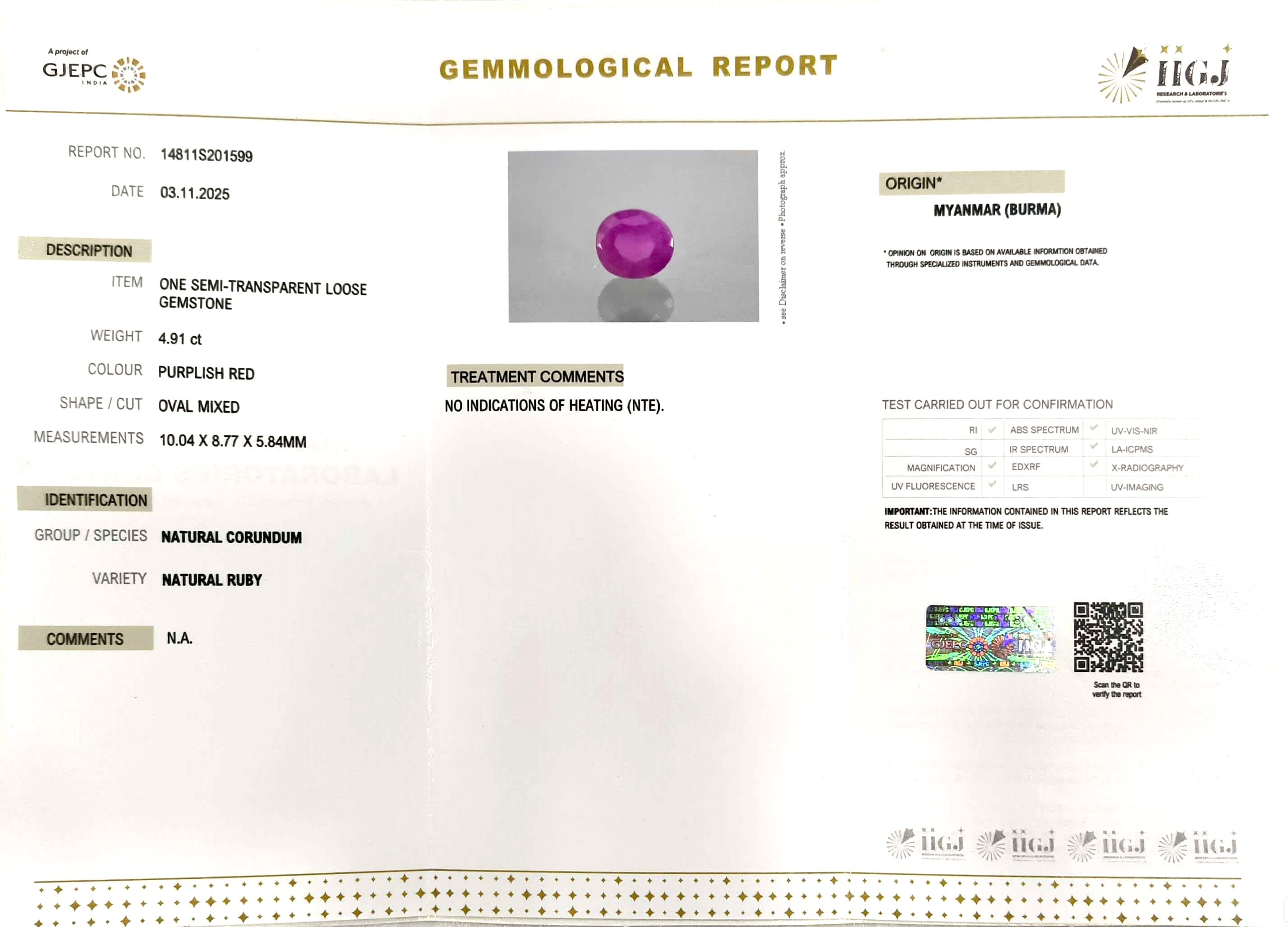 4.91/CT Natural Old Burma Ruby with IIGJ Govt. Lab Certificate (75000)