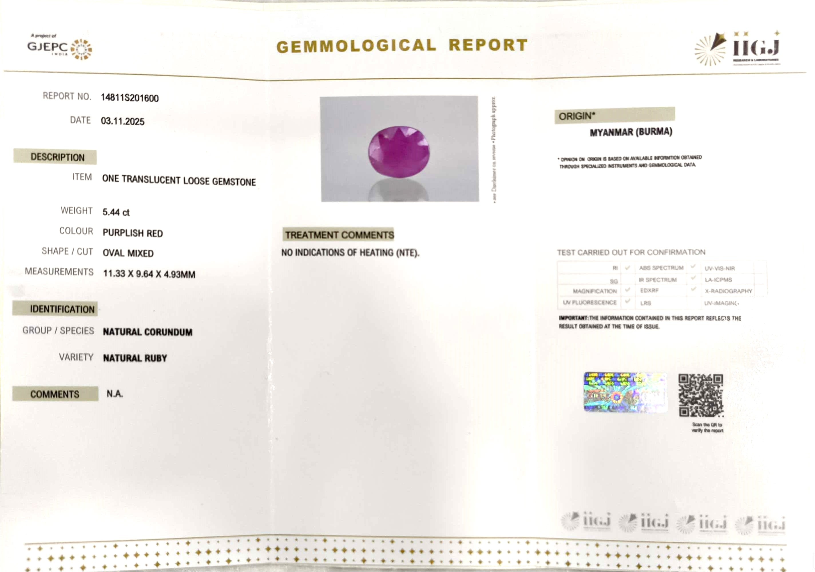 5.44/CT Natural Old Burma Ruby with IIGJ Govt. Lab Certificate (150000)