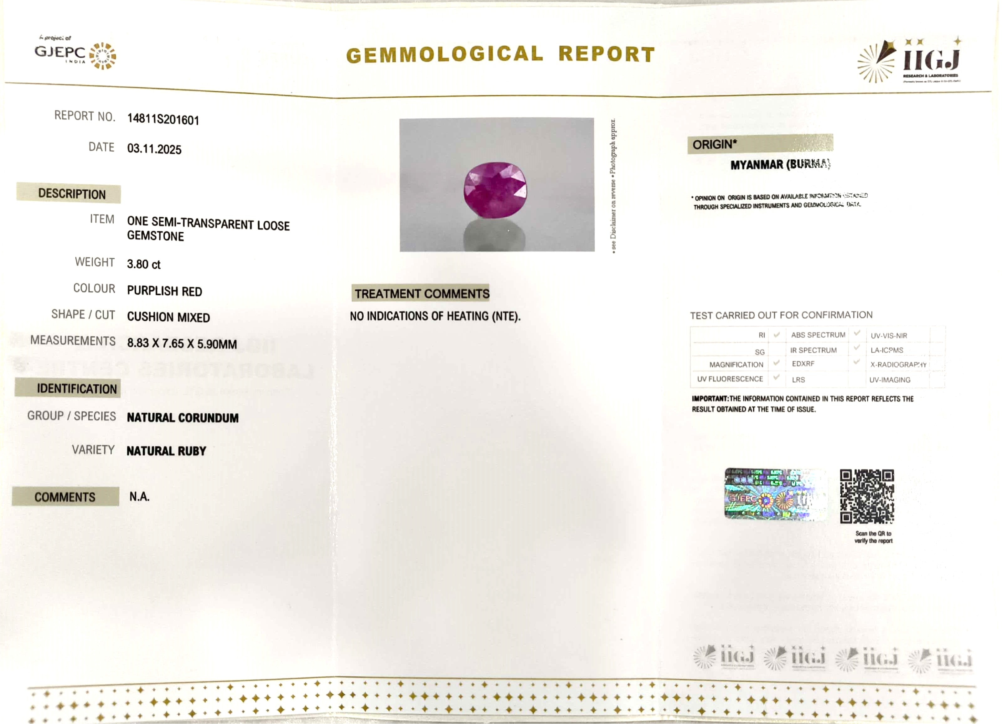 3.80/CT Natural Old Burma Ruby with IIGJ Govt. Lab Certificate (125000)