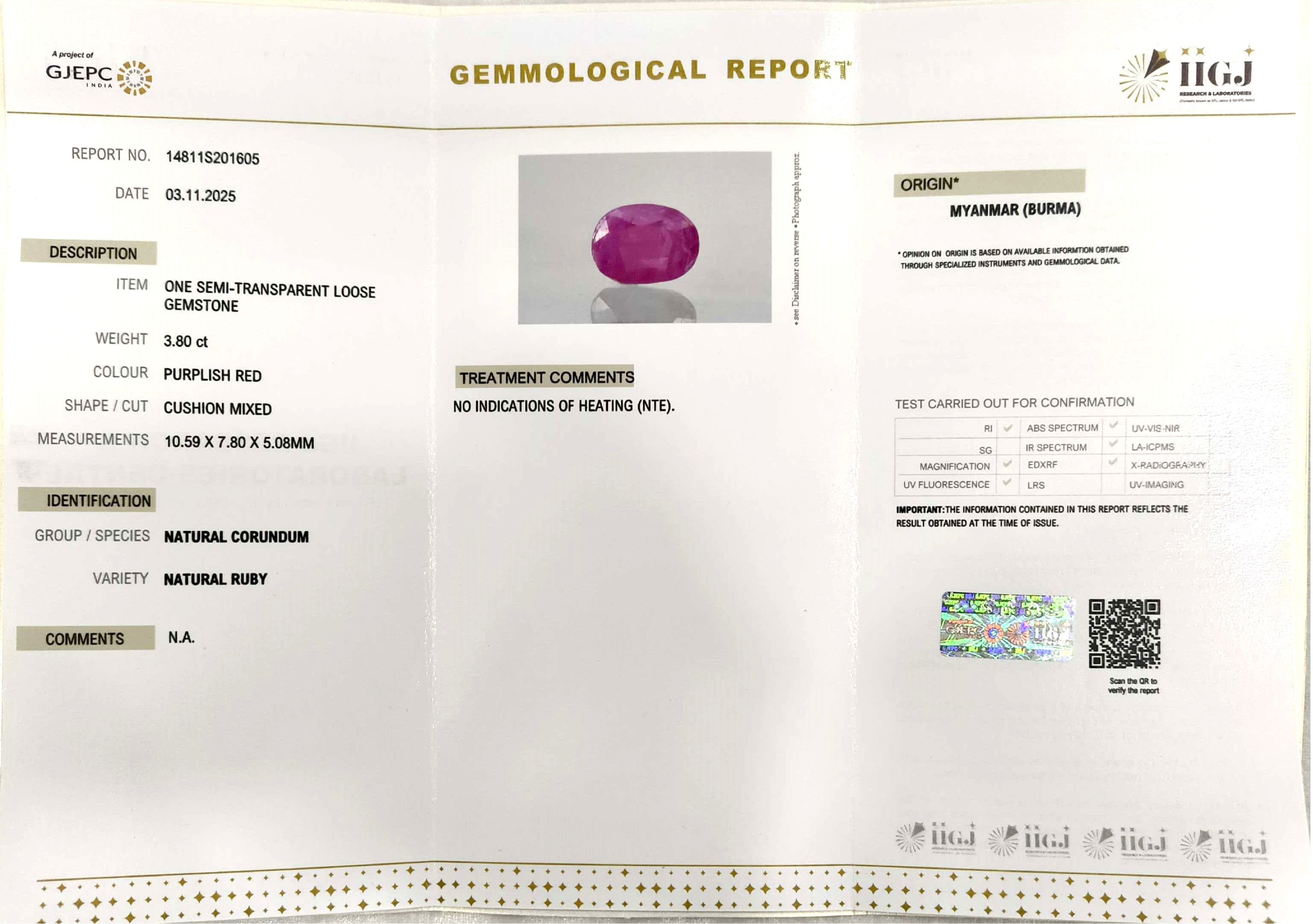 3.80/CT Natural Old Burma Ruby with IIGJ Govt. Lab Certificate (150000)