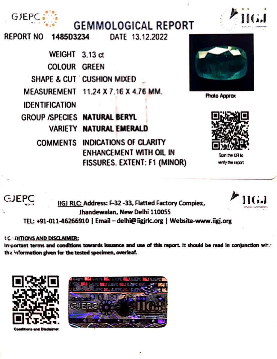 3.13/CT Natural Panna Stone with Govt. Lab Certificate (16650)