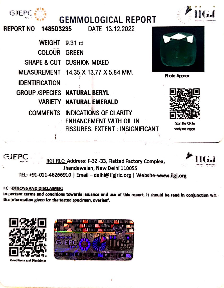 9.31/CT Natural Panna Stone with Govt. Lab Certificate (6771)