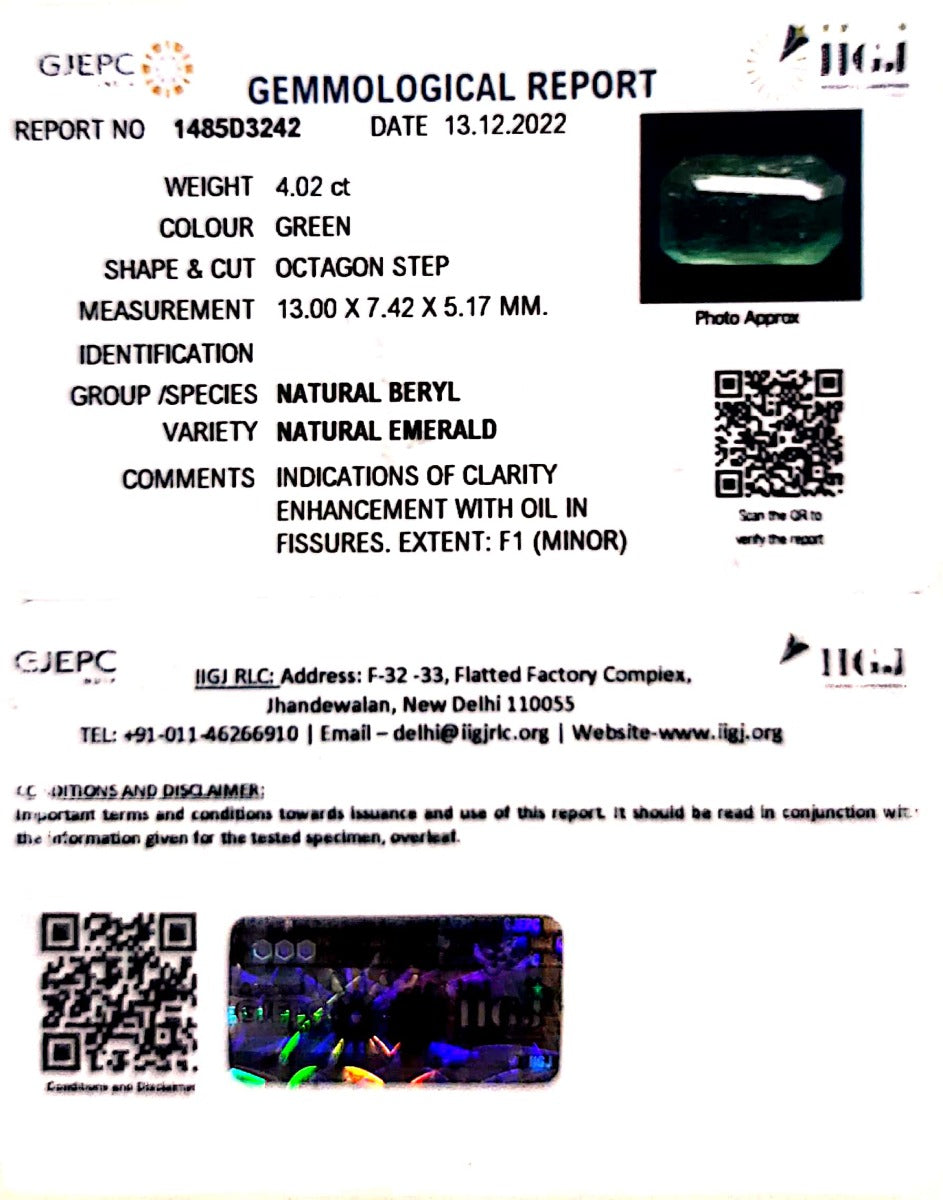 4.02/CT Natural Panna Stone with Govt. Lab Certified