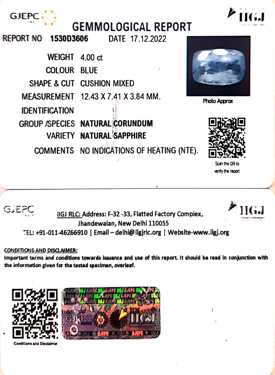 4.00/CT Natural Blue Sapphire with Govt Lab Certificate-BLUSA9T