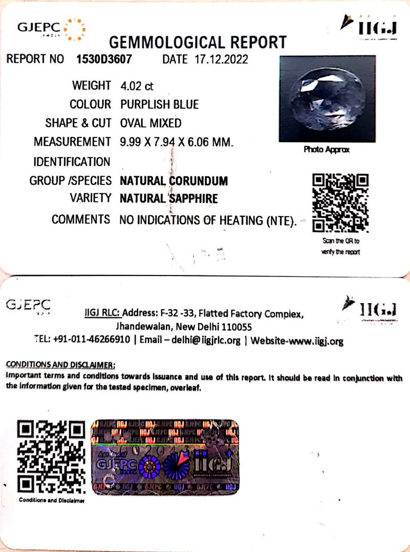 4.02/CT Natural Blue Sapphire with Govt Lab Certificate-BLUSA9T