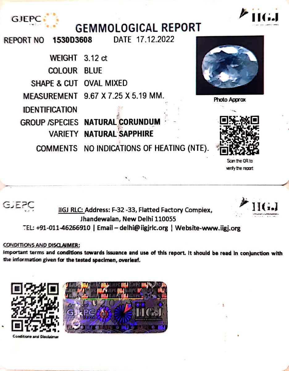 3.12/CT Natural Blue Sapphire with Govt Lab Certificate-BLUSA9T