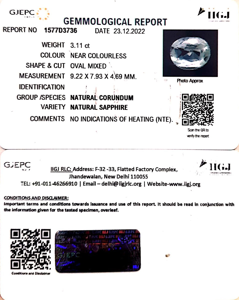 3.11/CT Natural White Sapphire with Govt Lab Certificate (89910)