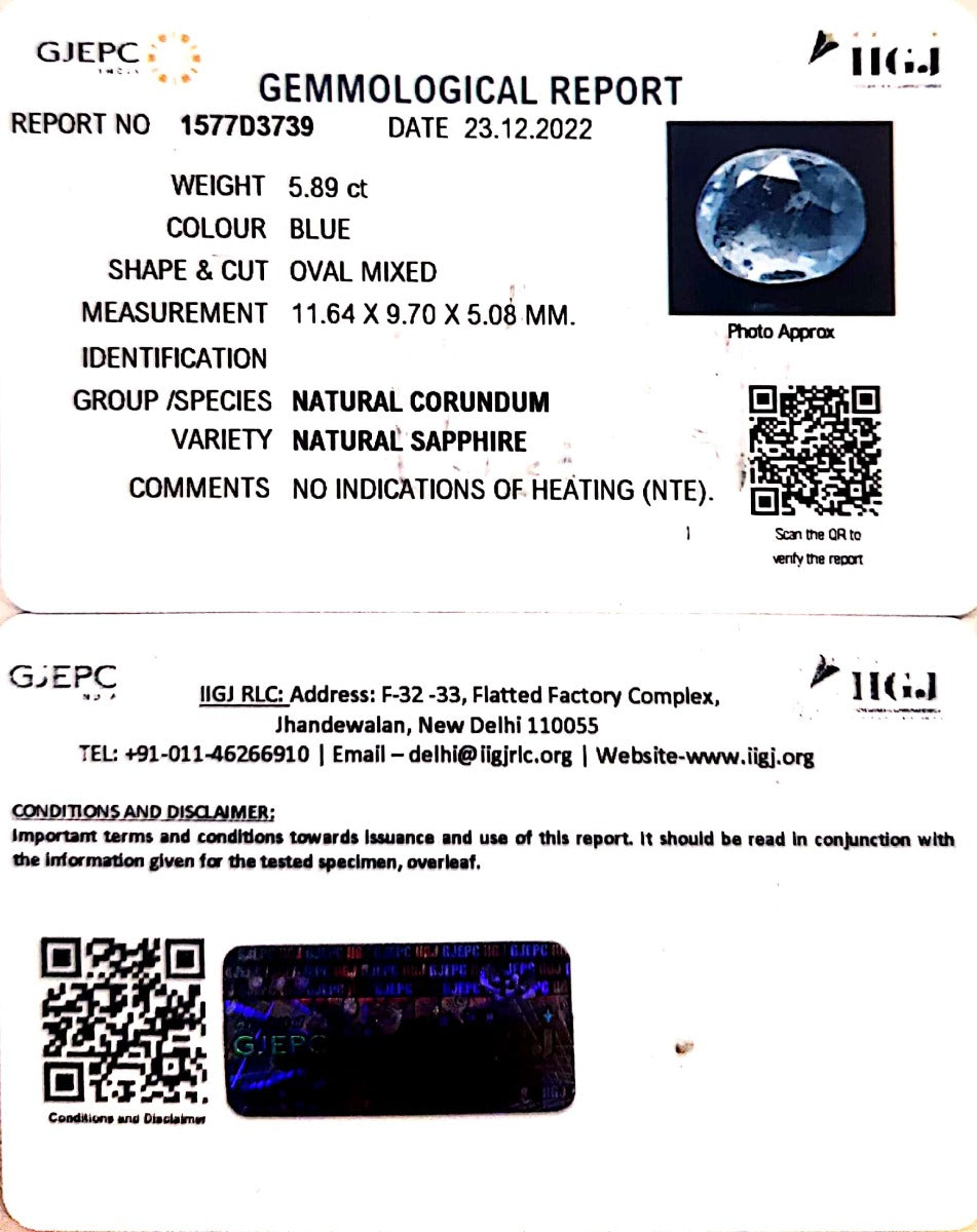 5.89/CT Natural Blue Sapphire with Govt Lab Certificate-BLUSA9U