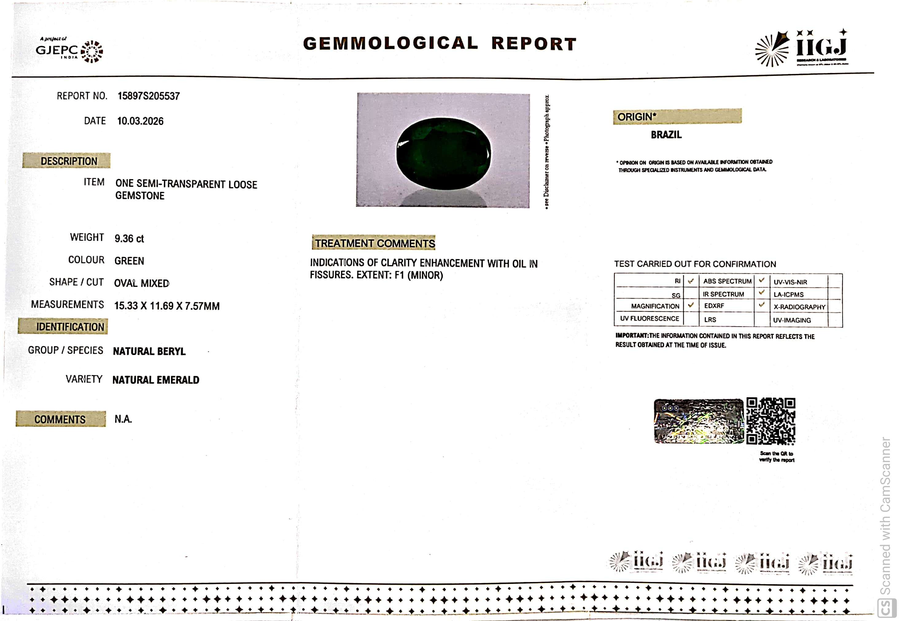 9.36/CT Natural Panna Stone with Govt. Lab Certificate-15897S205537